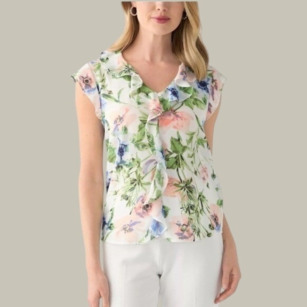 Tahari Floral Ruffle Blouse Womens XL White Blue Pink Cap Sleeve V Neck